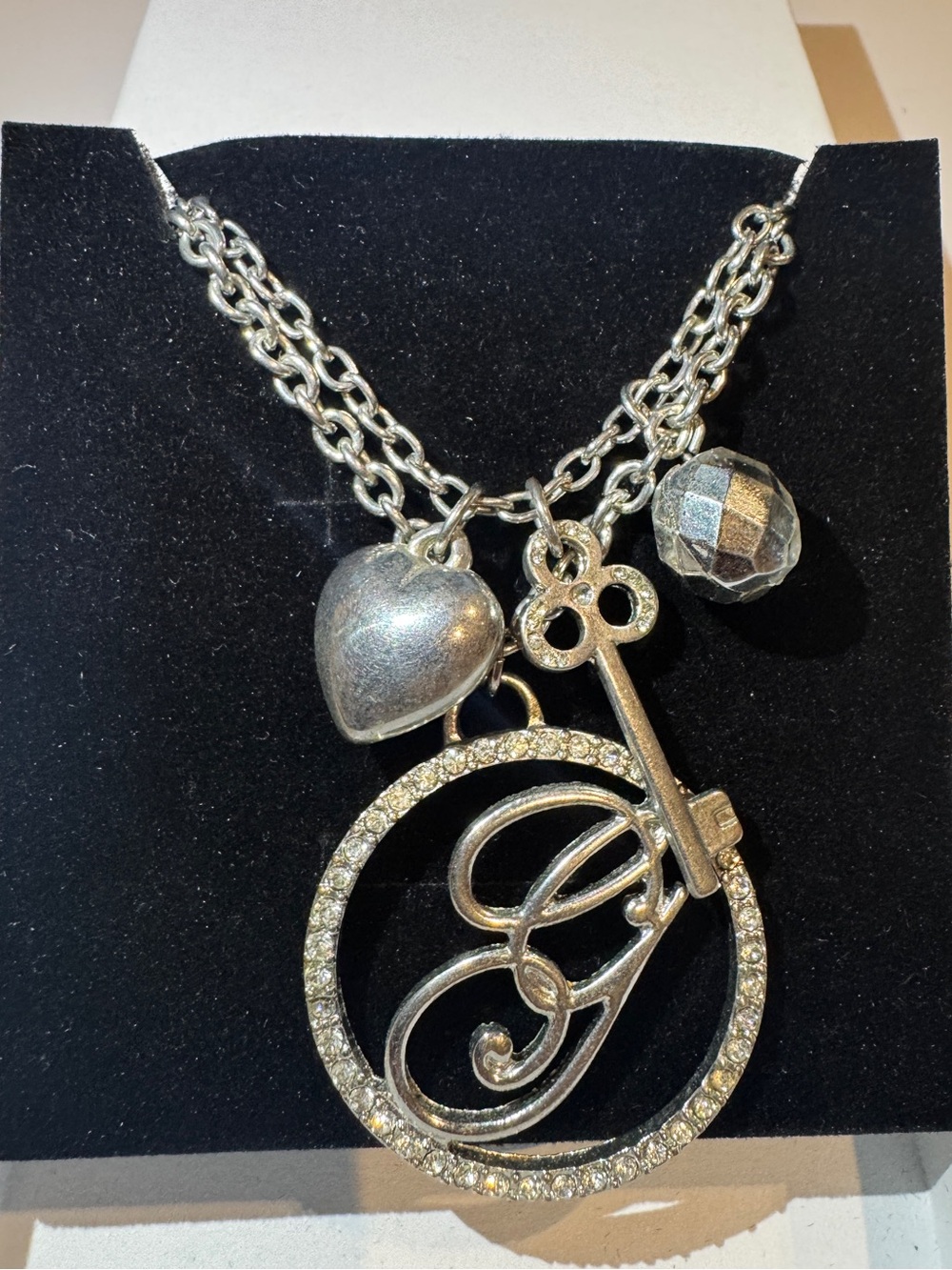 Silver Initial 'G' Charm Necklace with Key and Heart double chain